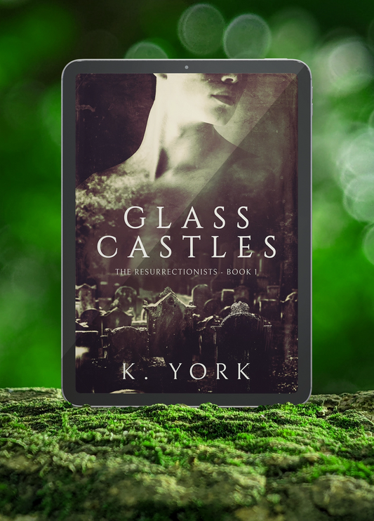 Glass Castles - The Resurrectionists Book 1. Depicted is a faceless man up top, fading into the title in white text, with a graveyard fading in under the title.