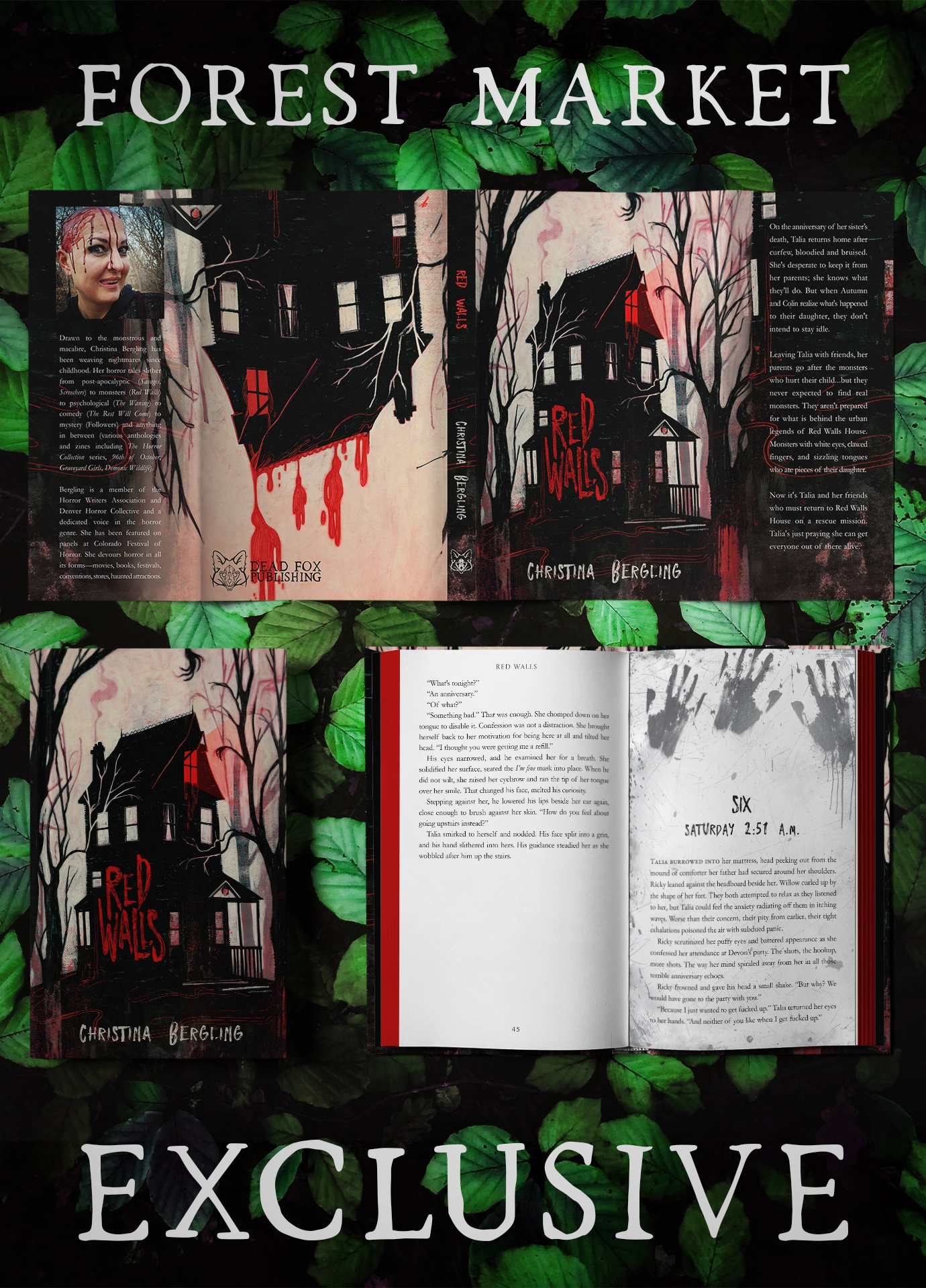 The hardcover version of the book Red Walls by Christina Bergling, showing off the chapter header interior with bloody handprints and new, red sprayed edges. Text notates this is a Forest Market Exclusive.